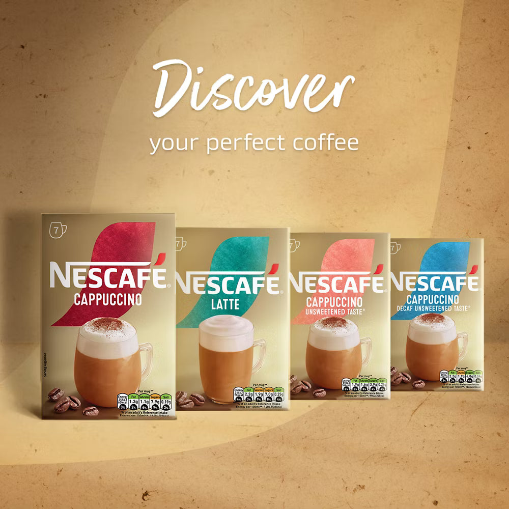 Nescafé Cappuccino Instant Coffee Mix 12 x 15.5g sachets multipack front packaging & other flavours