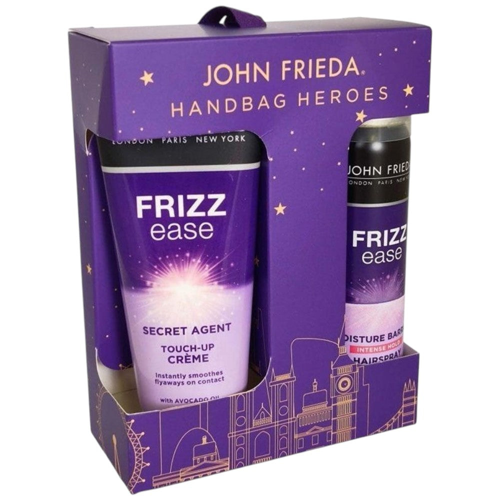 John Frieda Frizz Ease Handbag Heroes hair styling gift set 100ml crème and 75ml hairspray front packaging