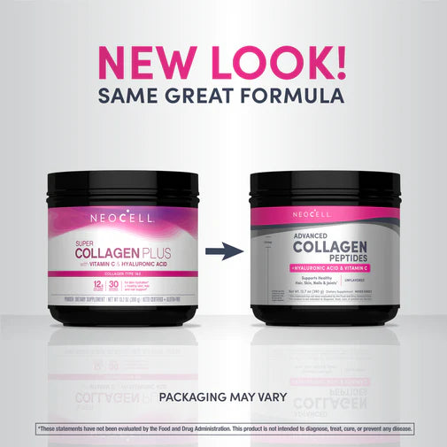 NeoCell Advanced Collagen Peptides Powder canister, 390g, on white background. Old & new packaging.