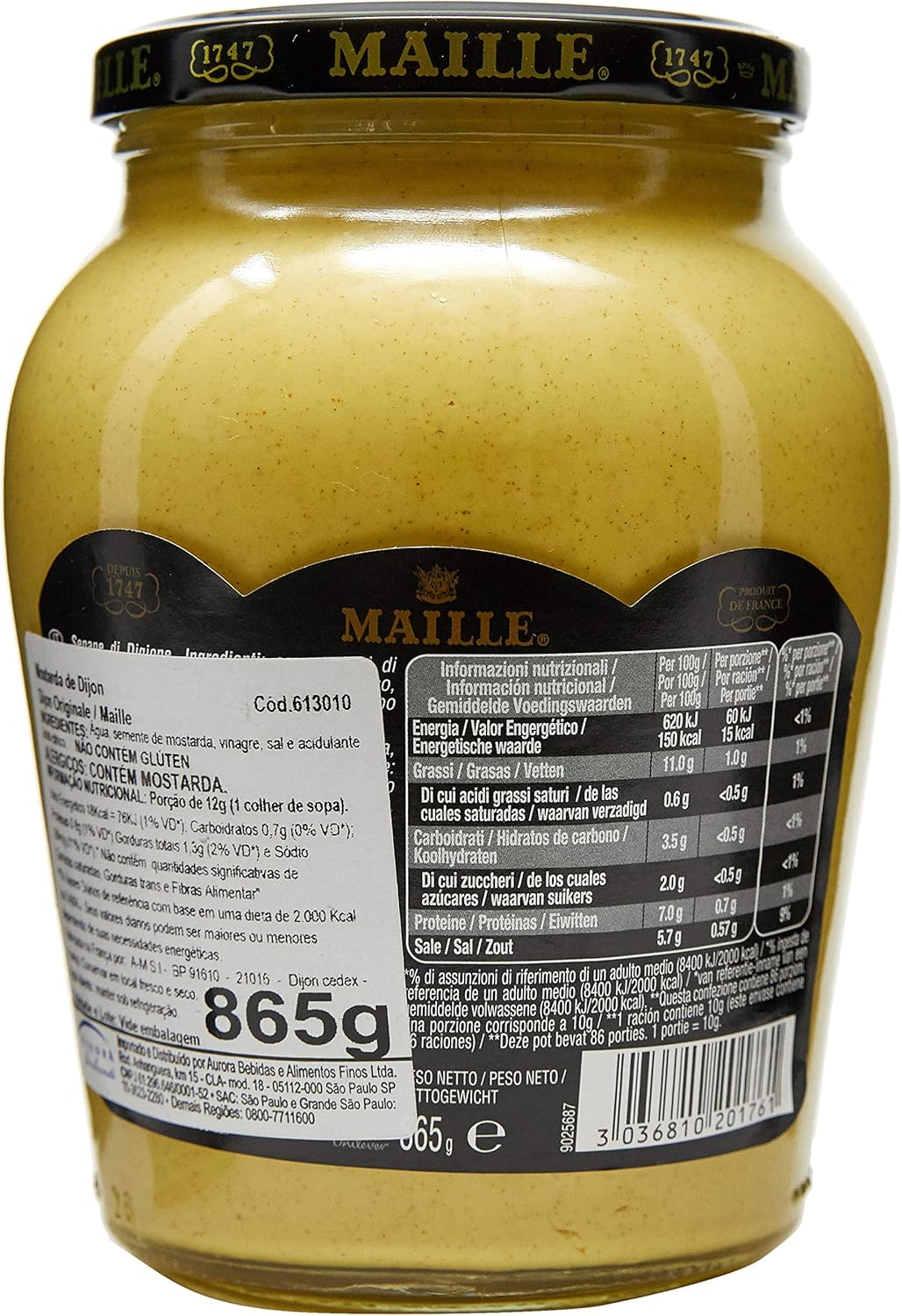 Maille Dijon Original Mustard ingredient  & barcode label 865g