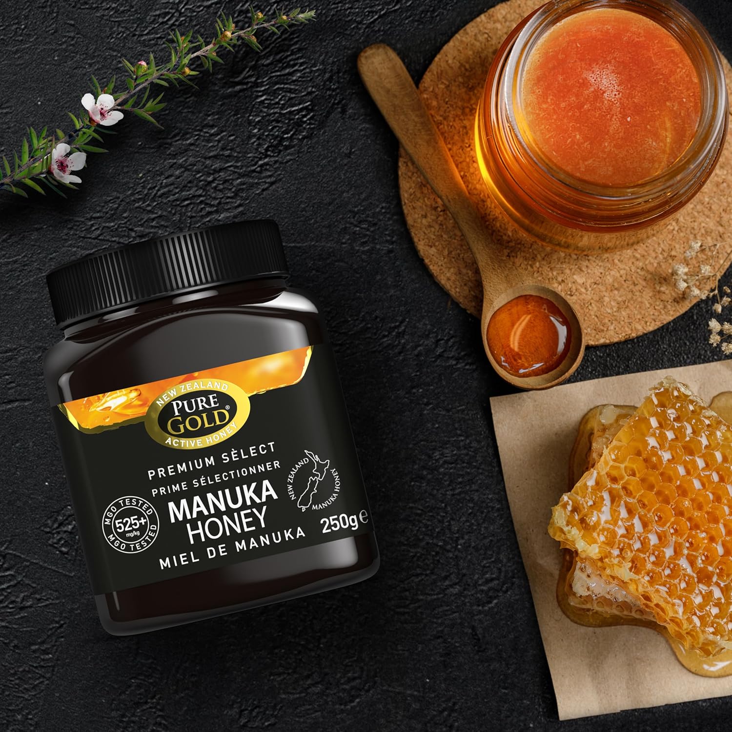 Pure Gold Manuka Honey 525+ MGO - Raw & Unpasteurised - 250g