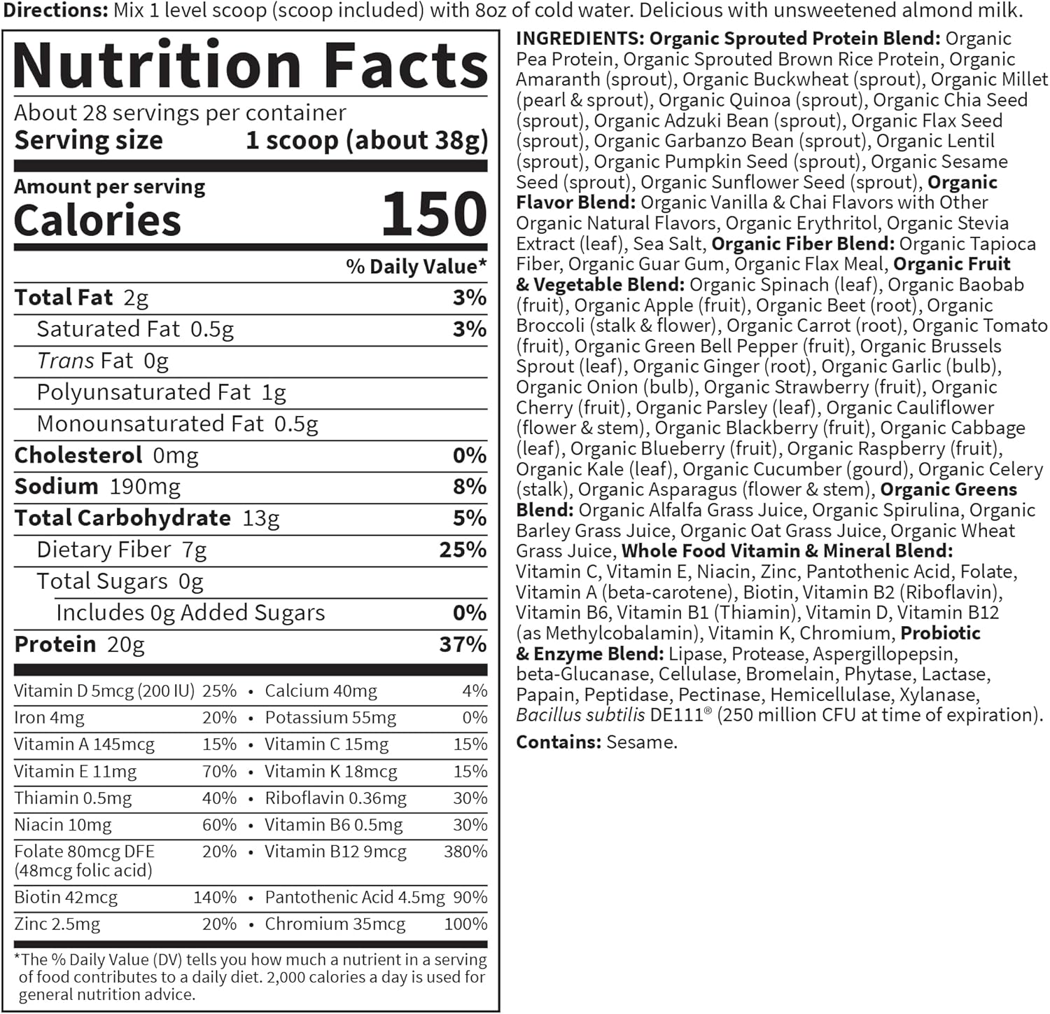 Nutrition facts and certifications for RAW Organic Meal.