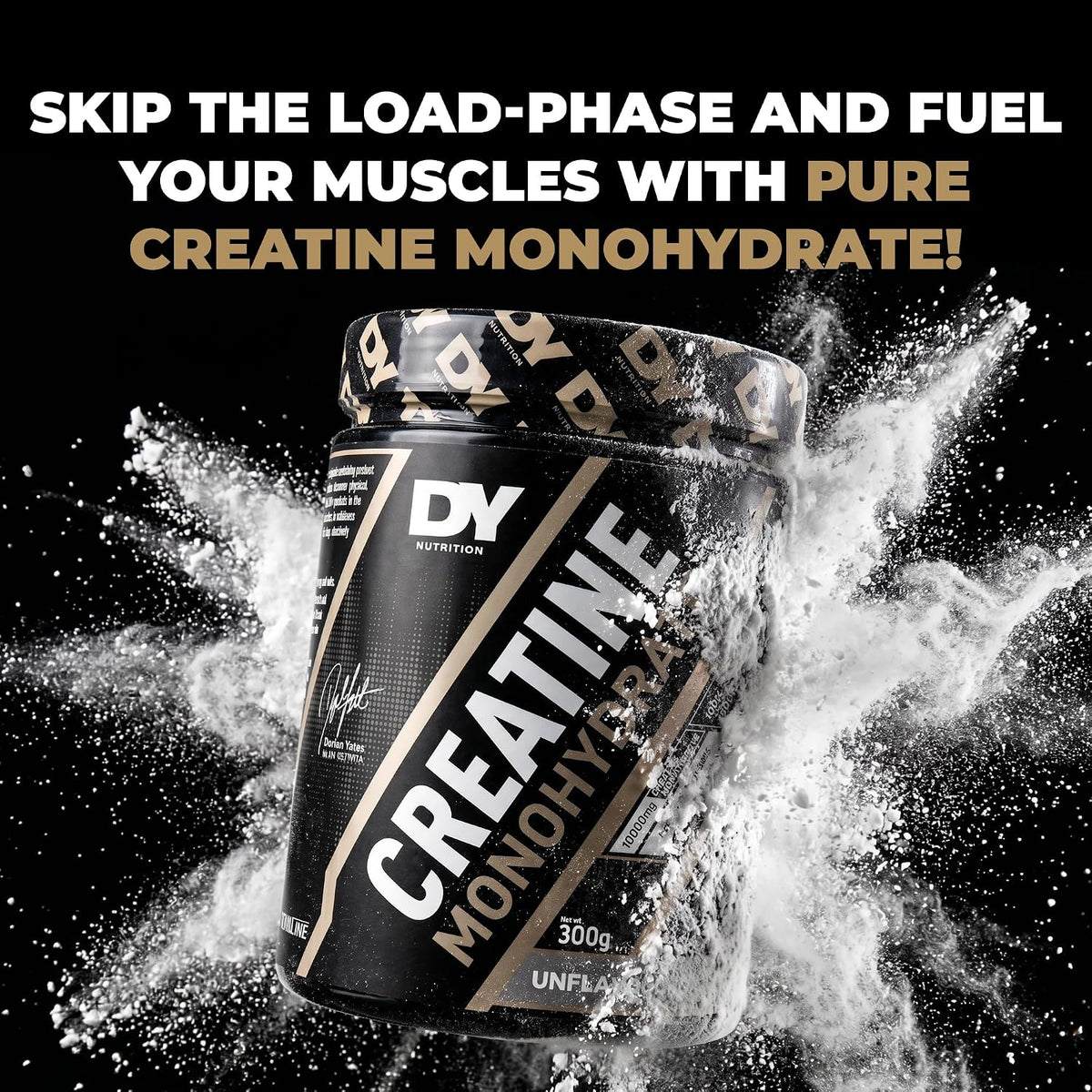 DY Nutrition Creatine Monohydrate Powder Unflavoured 300g tub showing product information
