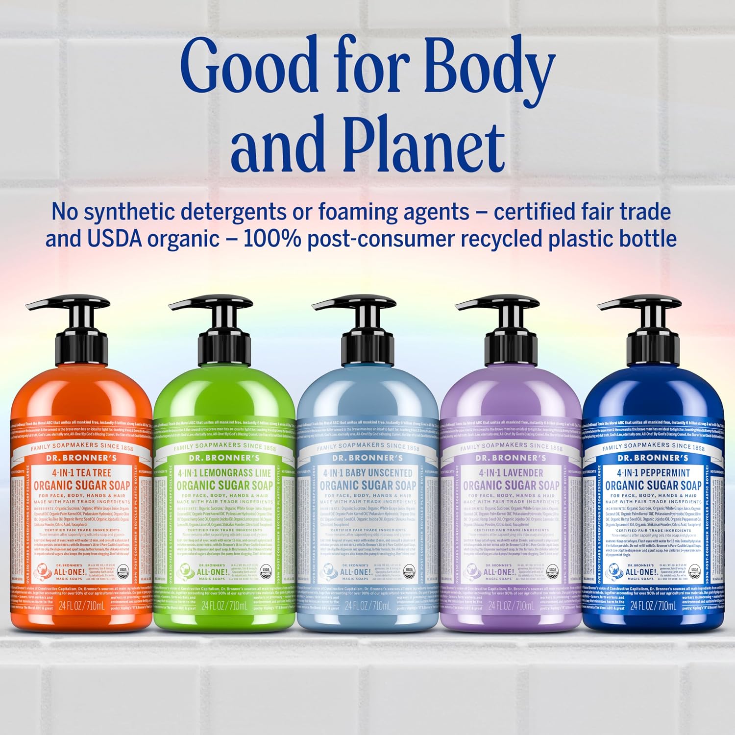 Dr. Bronner's Lavender 4-in-1 Organic Sugar Pump Soap 355ml pump bottle for hands face body and hair & other variants