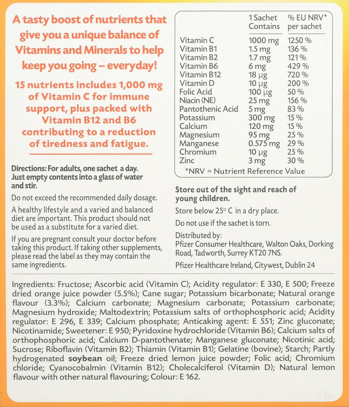 Emergen-C Super Orange Vitamin C Drink Mix 24 x 9.9g sachets packaging showing ingredients and nutrition information