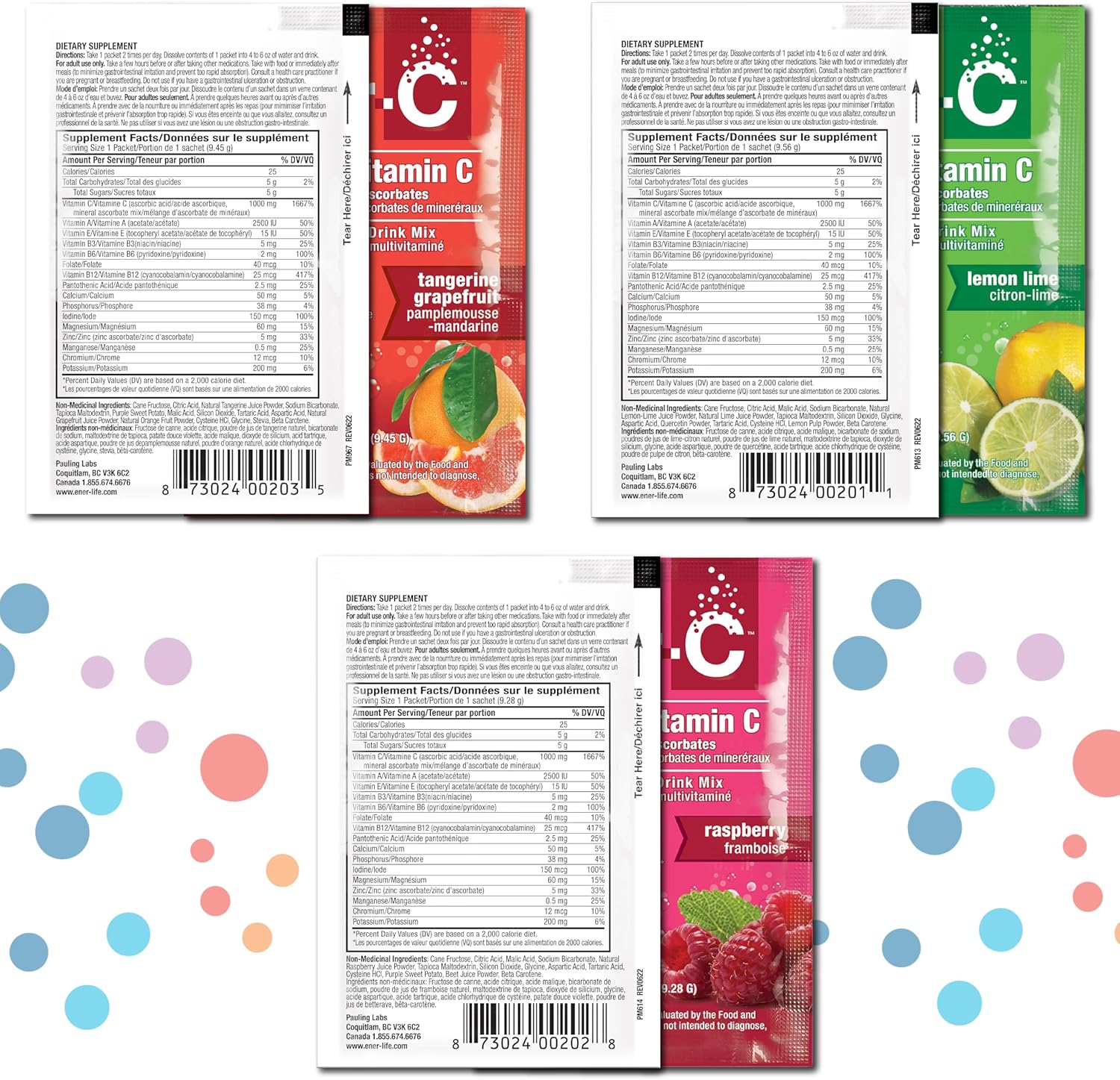Ener-C Variety Pack vitamin powder mix front label sachets with barcodes.
