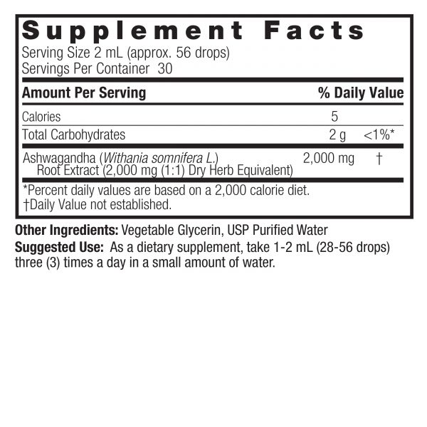 Nature’s Answer Ashwagandha liquid extract supplement facts 60ml bottle