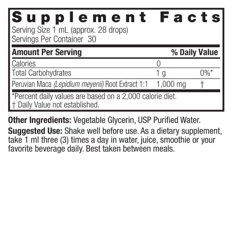 Nature’s Answer Maca Root Liquid Extract 30ml supplement facts label on a white background
