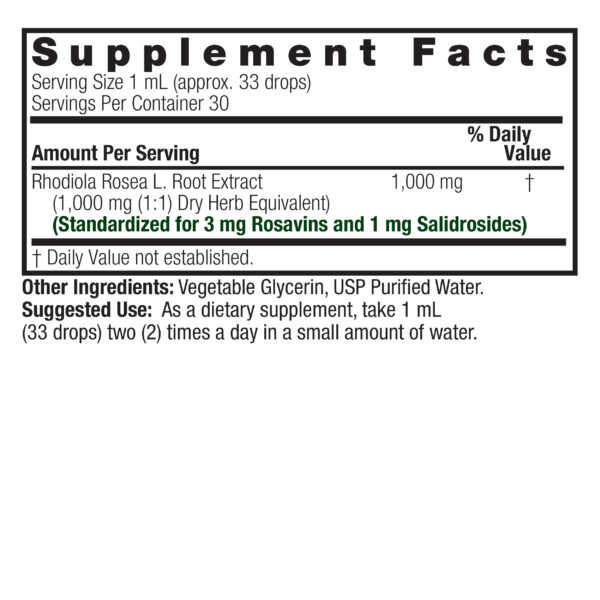 Nature’s Answer Rhodiola Root liquid extract supplement facts 30ml bottle