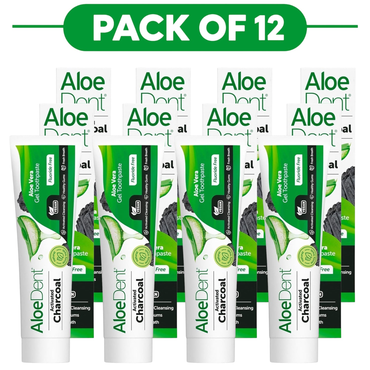 Aloe Dent Activated Charcoal Aloe Vera Gel Toothpaste Fluoride Free 100ml Pack of 12