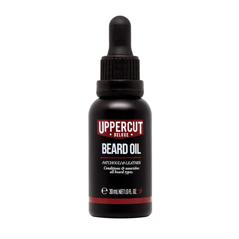 Front image: Uppercut Deluxe Beard Oil 30ml bottle lightweight grooming oil bottle packaging