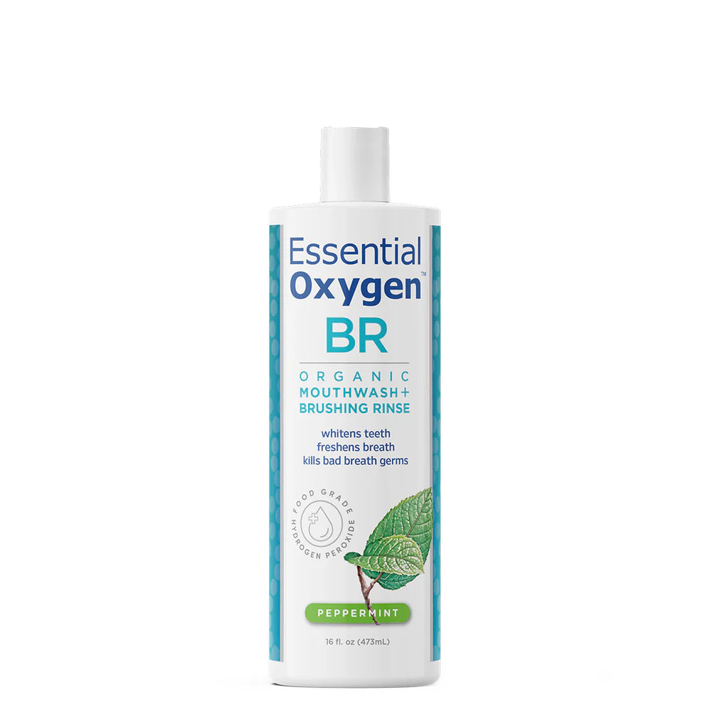 Essential Oxygen BR Organic Brushing Rinse bottle, 473ml Peppermint flavour.
