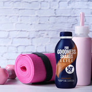For Goodness Shakes Elite Chocolate Protein Shake 471ml chocolate-flavoured bottle displayed ready to drink
