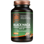 The Good Guru Black Maca and Organic Ashwagandha KSM-66 supplement bottle, 90 capsules, on white background.