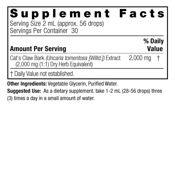 Nature's Answer Cat's Claw Bark Alcohol-Free Extract 60ml supplement facts and directions
