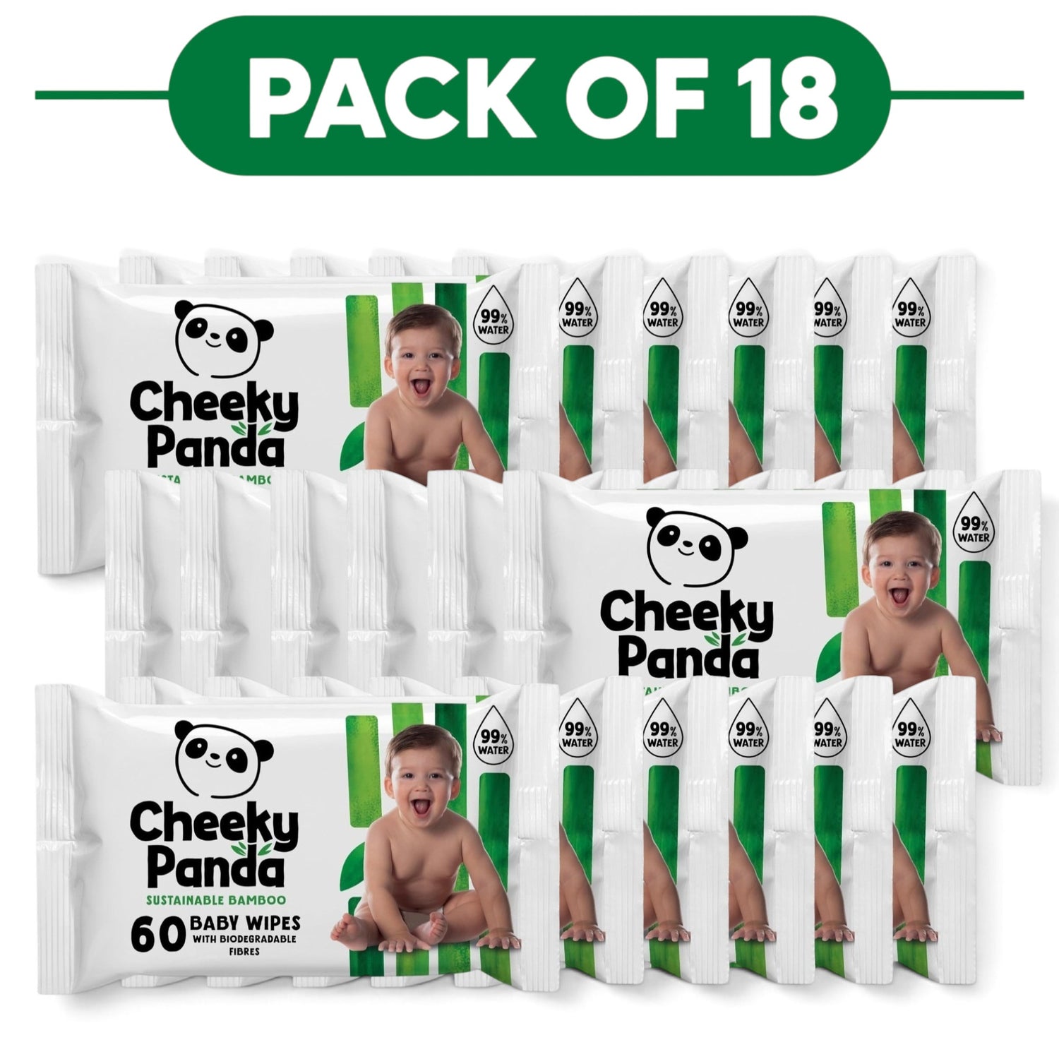 Cheeky Panda Bamboo Baby Wipes 99% Water 60 Wipes Pack of 18