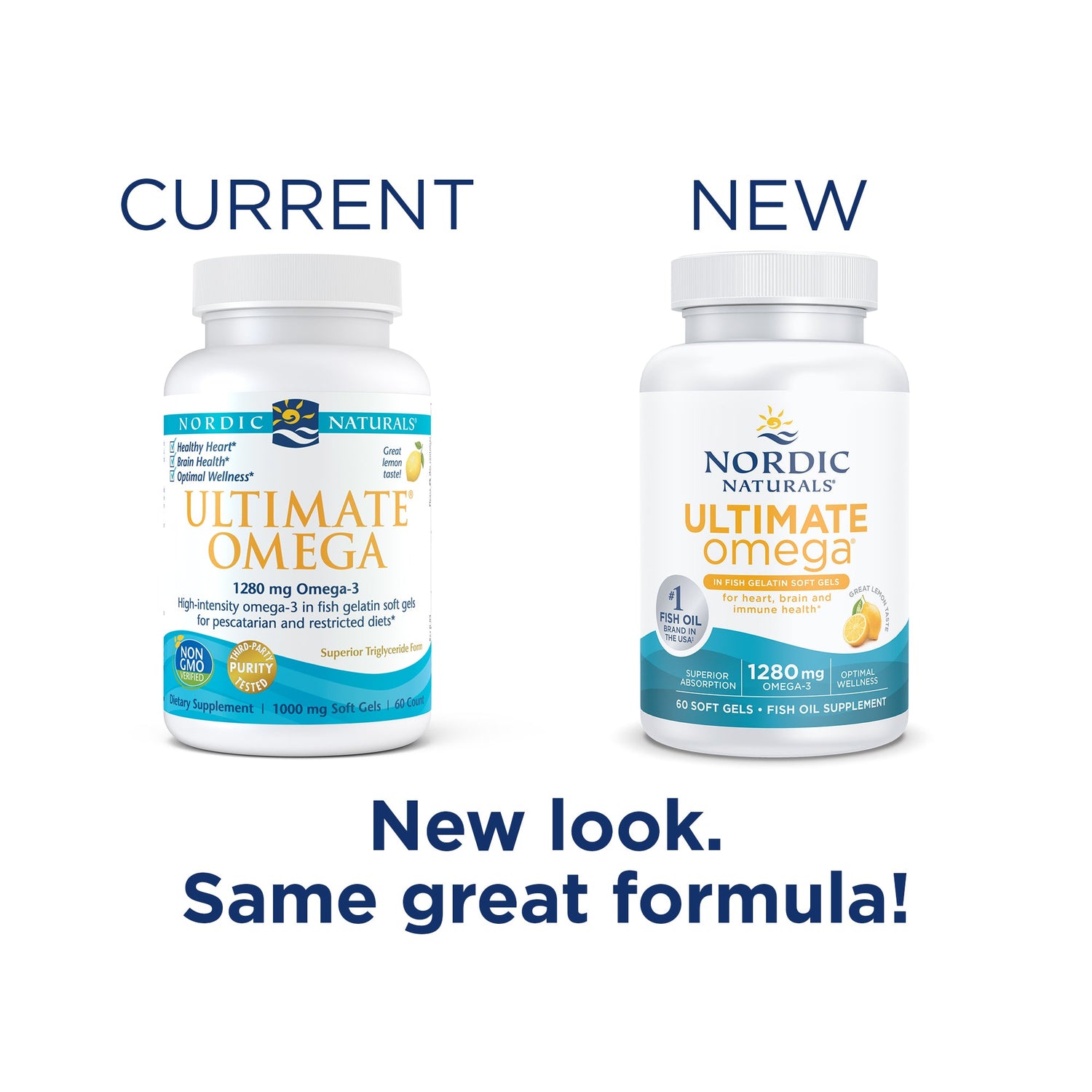 Nordic Naturals Ultimate Omega lemon soft gels bottle, fish gelatin, 60 count old & new packaging