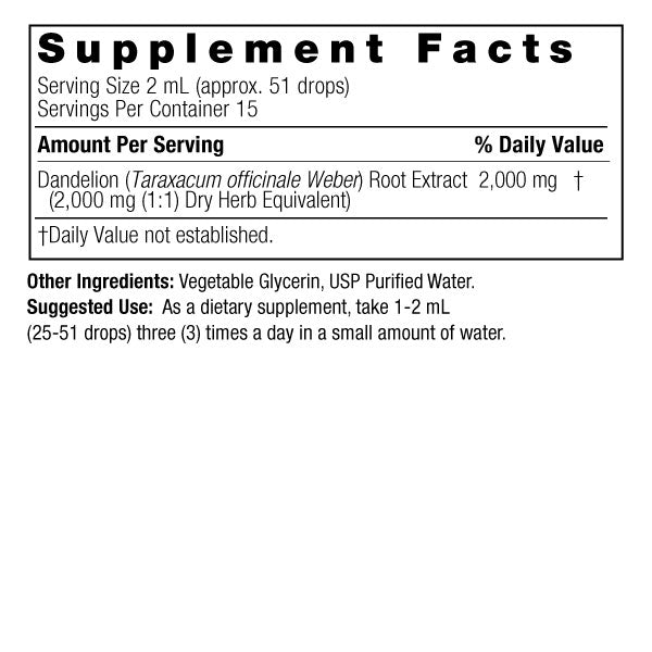 Nature’s Answer Dandelion Root liquid extract supplement facts 30ml bottle