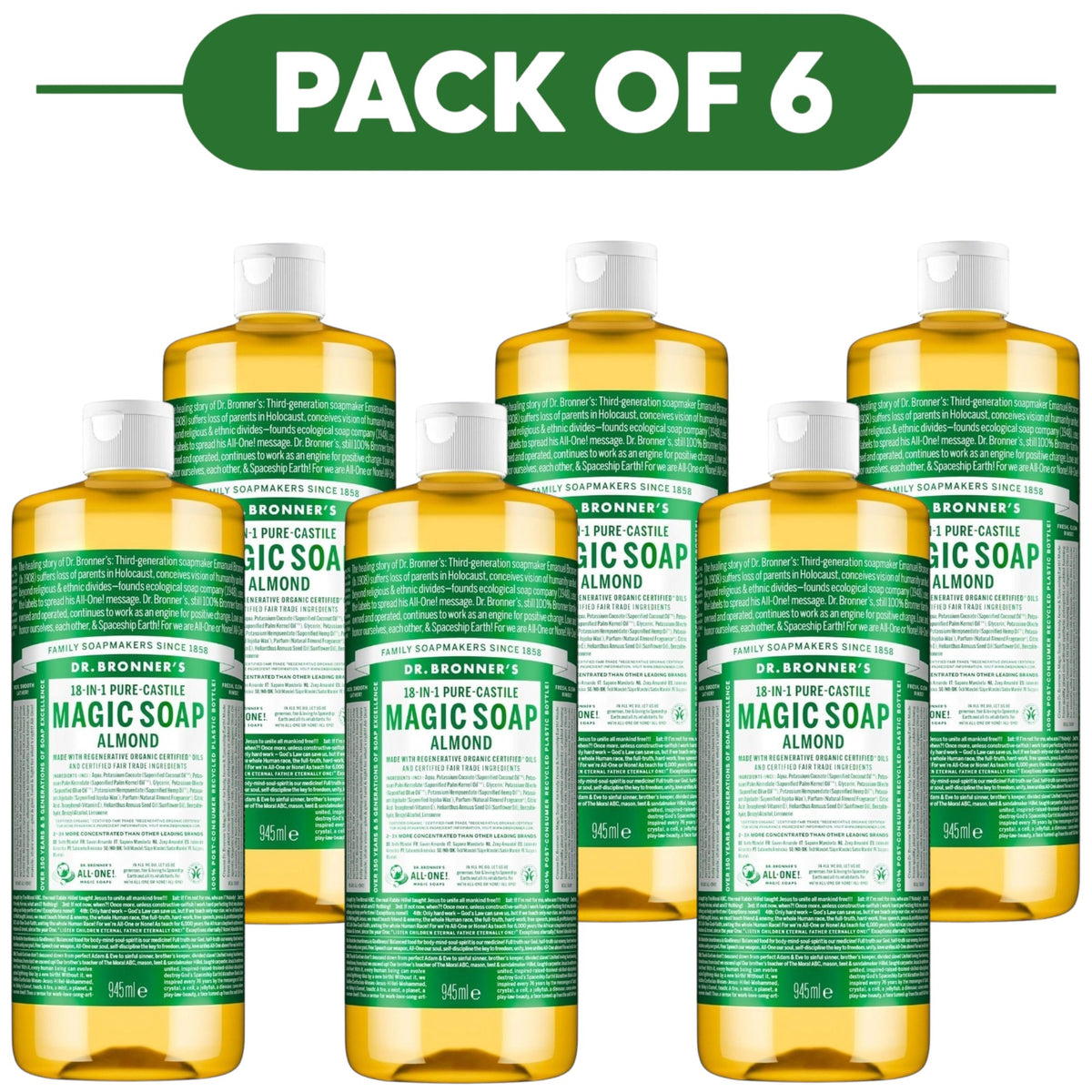 Dr. Bronner's Almond 18-in-1 Pure-Castile Liquid Soap 945ml Pack of 6
