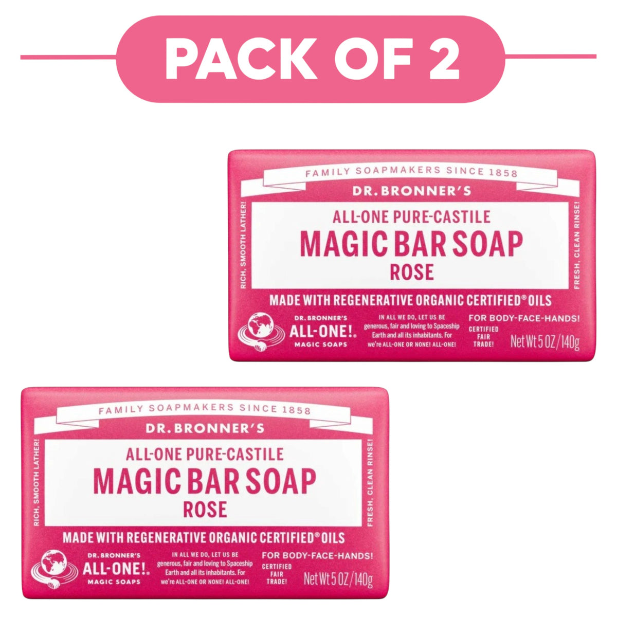 Dr. Bronner's Pure-Castile Magic Bar Soap Rose 140g Pack of 2