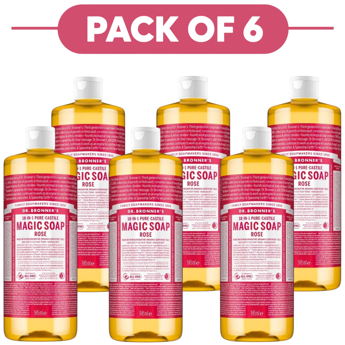 Dr. Bronner's Rose 18-in-1 Pure-Castile Liquid Soap 945ml Pack of 6