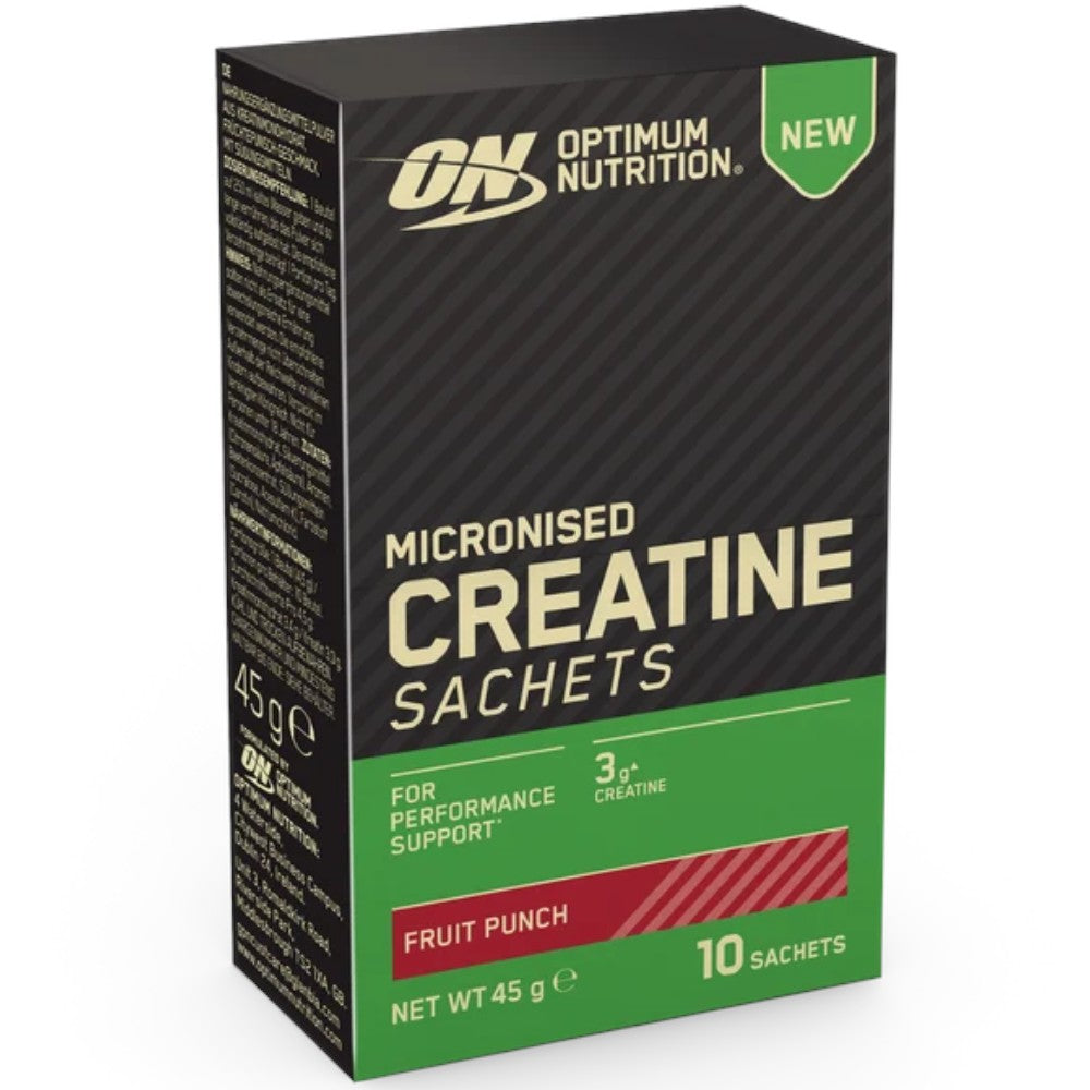 Optimum Nutrition Micronised Creatine Fruit Punch 10 x 4.5g sachets box front packaging
