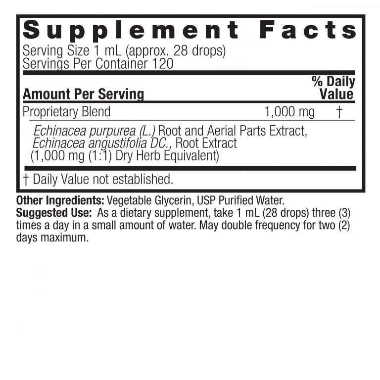 Nature’s Answer Echinacea Root supplement facts alcohol free 120ml back label on a white background.