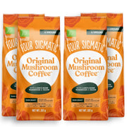 Four Sigmatic Original Mushroom Ground Coffee Dark Roast 283g, 4 pouches front packaging on white background