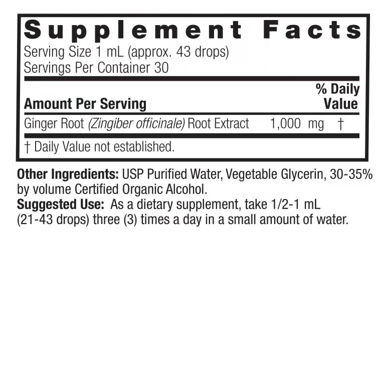 Nature’s Answer Ginger Root Liquid Extract 30ml supplement facts label on a white background