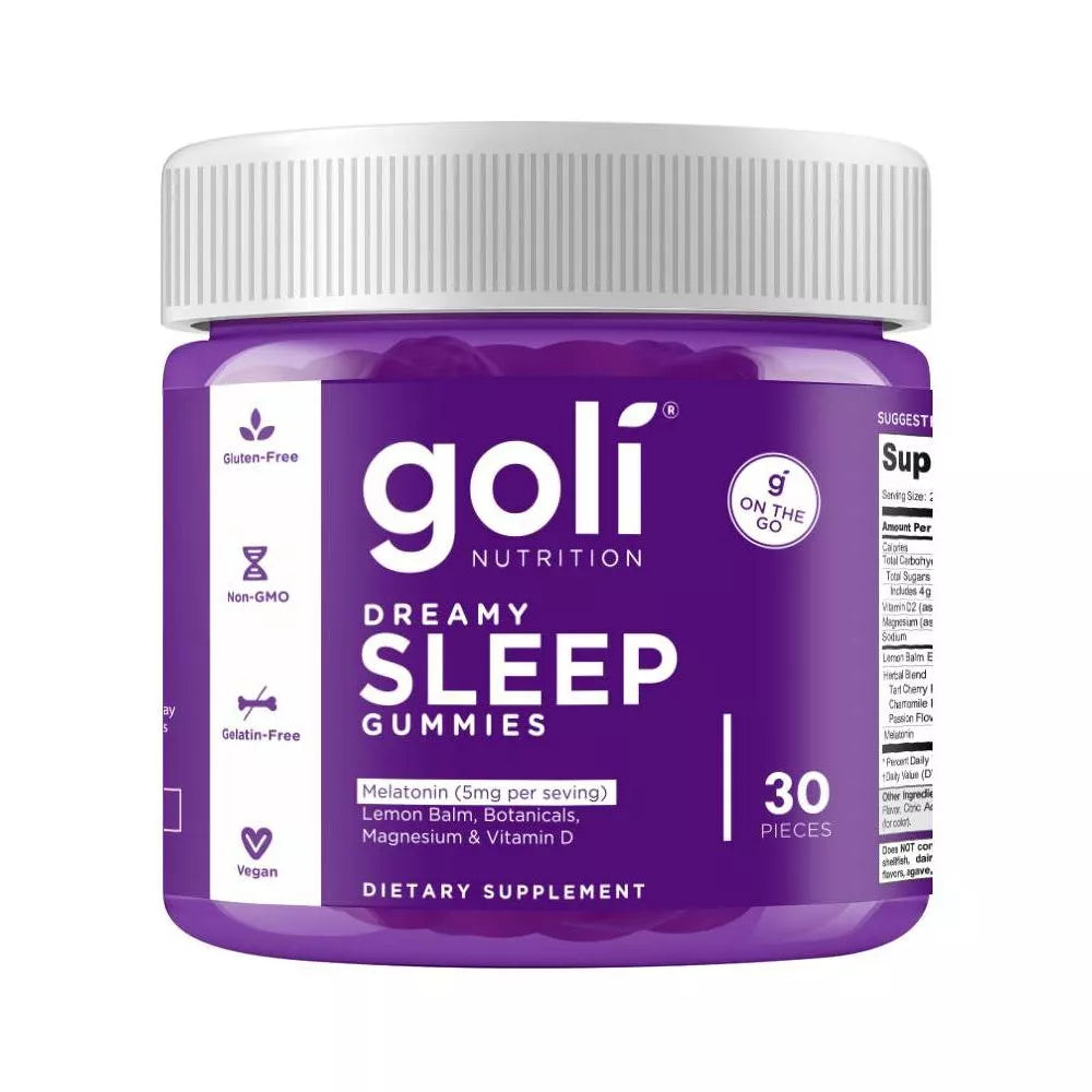 Front Image: Goli Nutrition Dreamy Sleep Gummies 5mg melatonin bottle 30 count