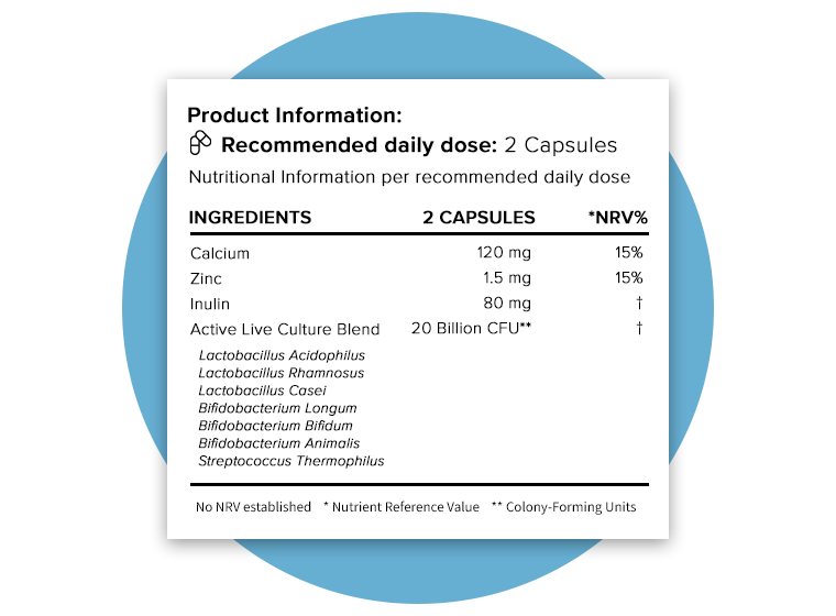 Supplement facts panel showing probiotic strains and CFU count.