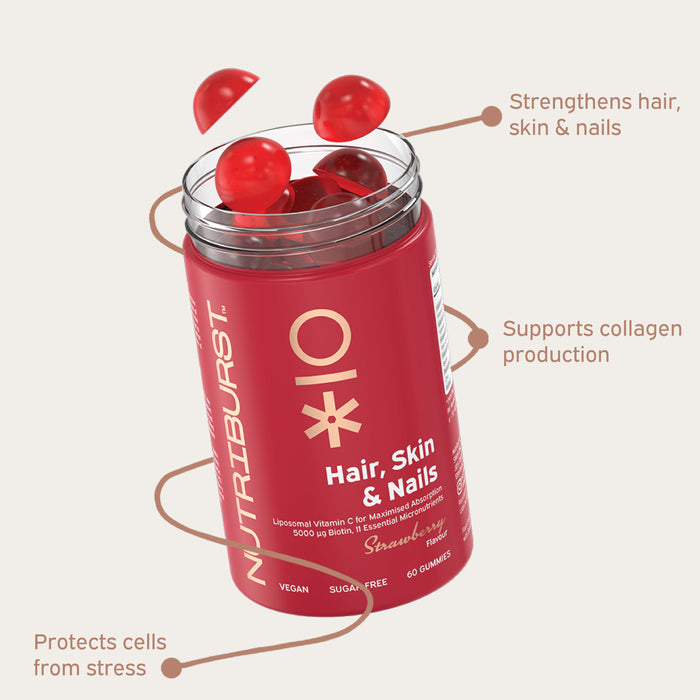Nutriburst Hair Skin and Nails Gummies bottle, sugar-free vegan supplement with biotin.