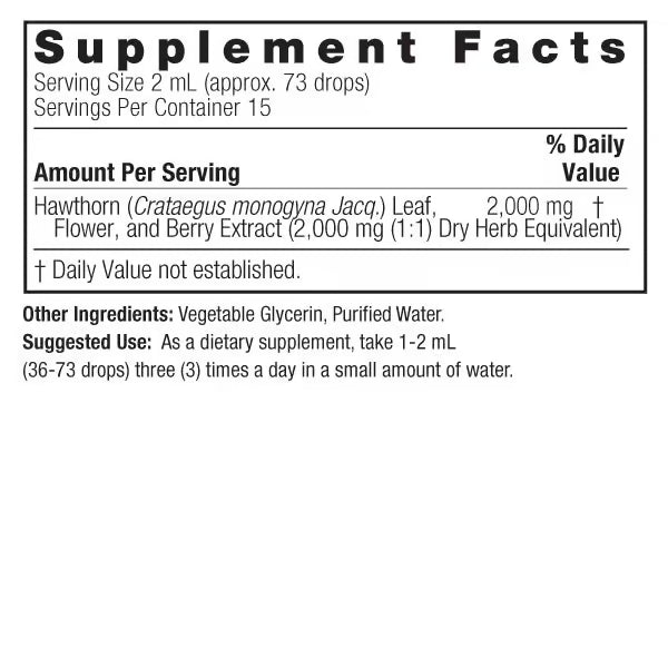 Nature’s Answer Hawthorn Berry Alcohol-Free Liquid Extract 30ml supplement facts label on a white background