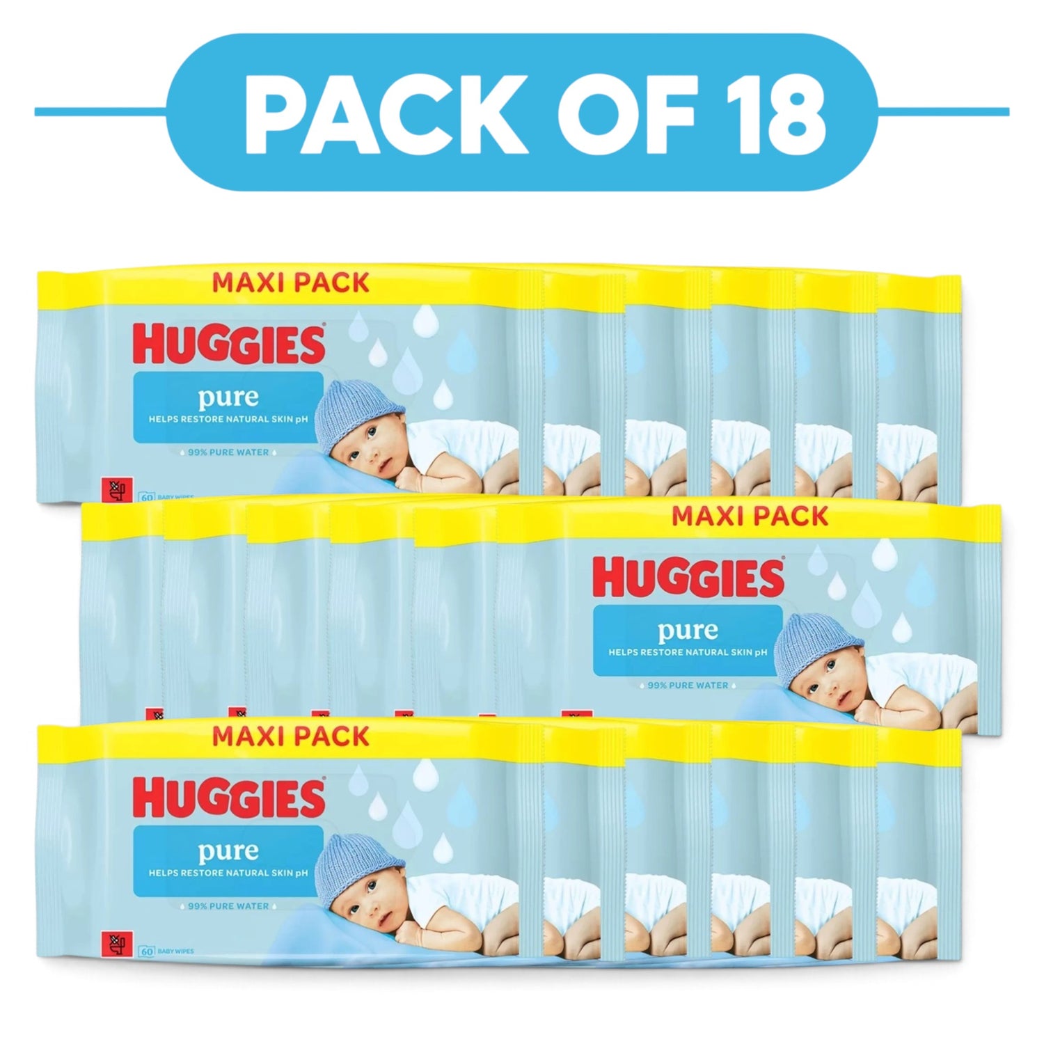 Huggies Pure Baby Wipes 99% Pure Water 60 Wipes Pack of 18