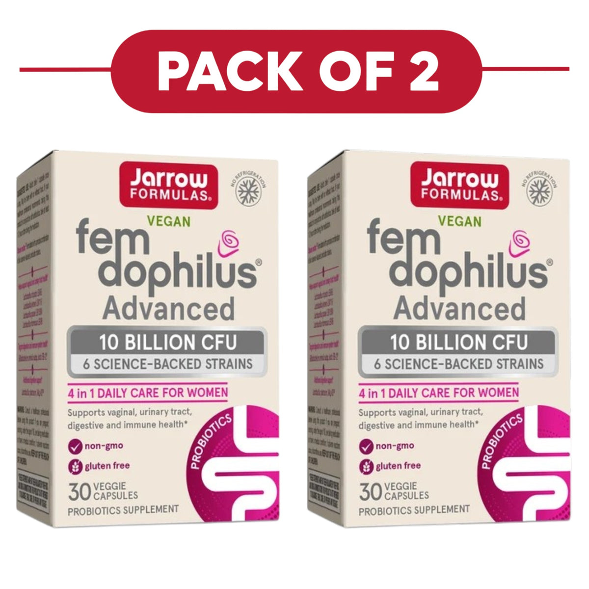 Jarrow Formulas Fem-Dophilus Advanced Probiotics 10 Billion 30 Capsules Pack of 2