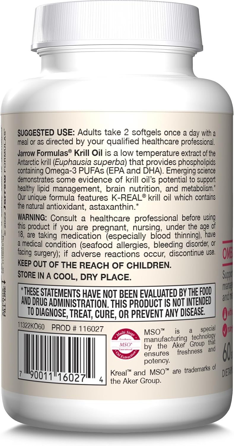 How to Use & Barcode Image: Jarrow Formulas krill oil omega 3 60 softgels usage instructions with meal