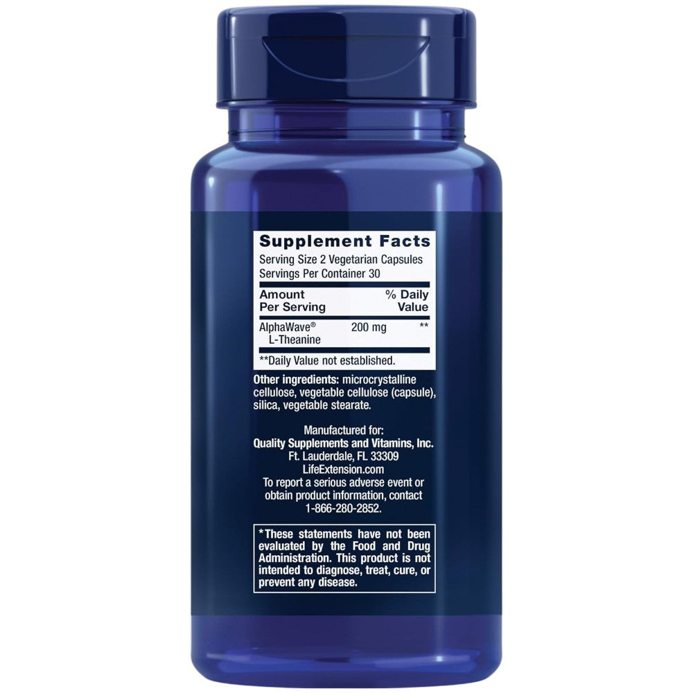 Life Extension L-Theanine vegetarian capsules dietary supplement bottle, 60 capsules, supplement facts and ingredients