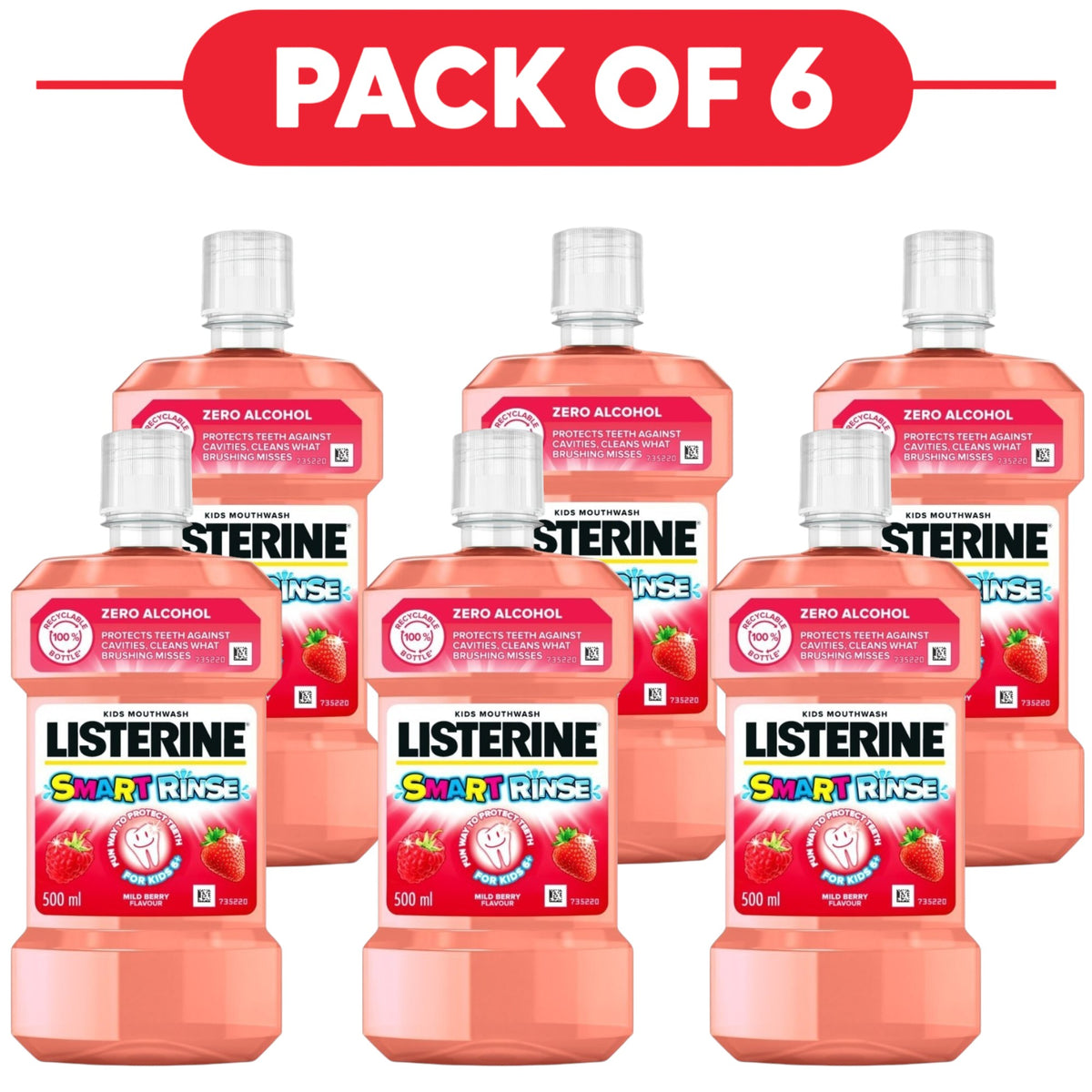 Listerine Smart Rinse Kids Mild Berry Mouthwash 500ml Pack of 6