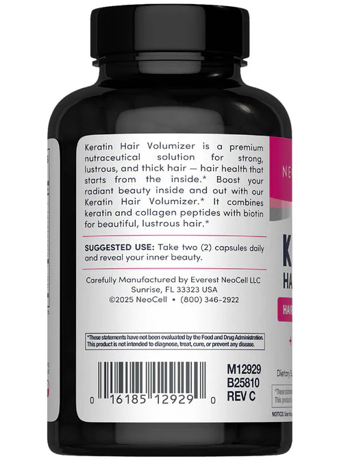 Supplement facts label and barcode for NeoCell Keratin Hair Volumizer capsules.