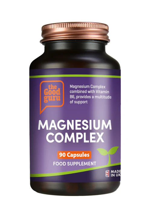 The Good Guru Magnesium Complex supplement bottle, 90 capsules, on white background.