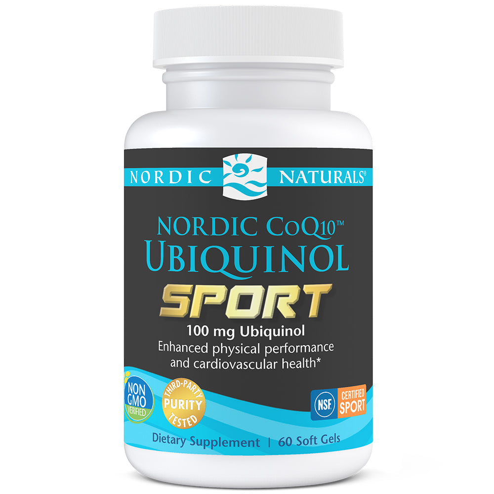 Nordic Naturals CoQ10 Ubiquinol Sport soft gel bottle with NSF seal.