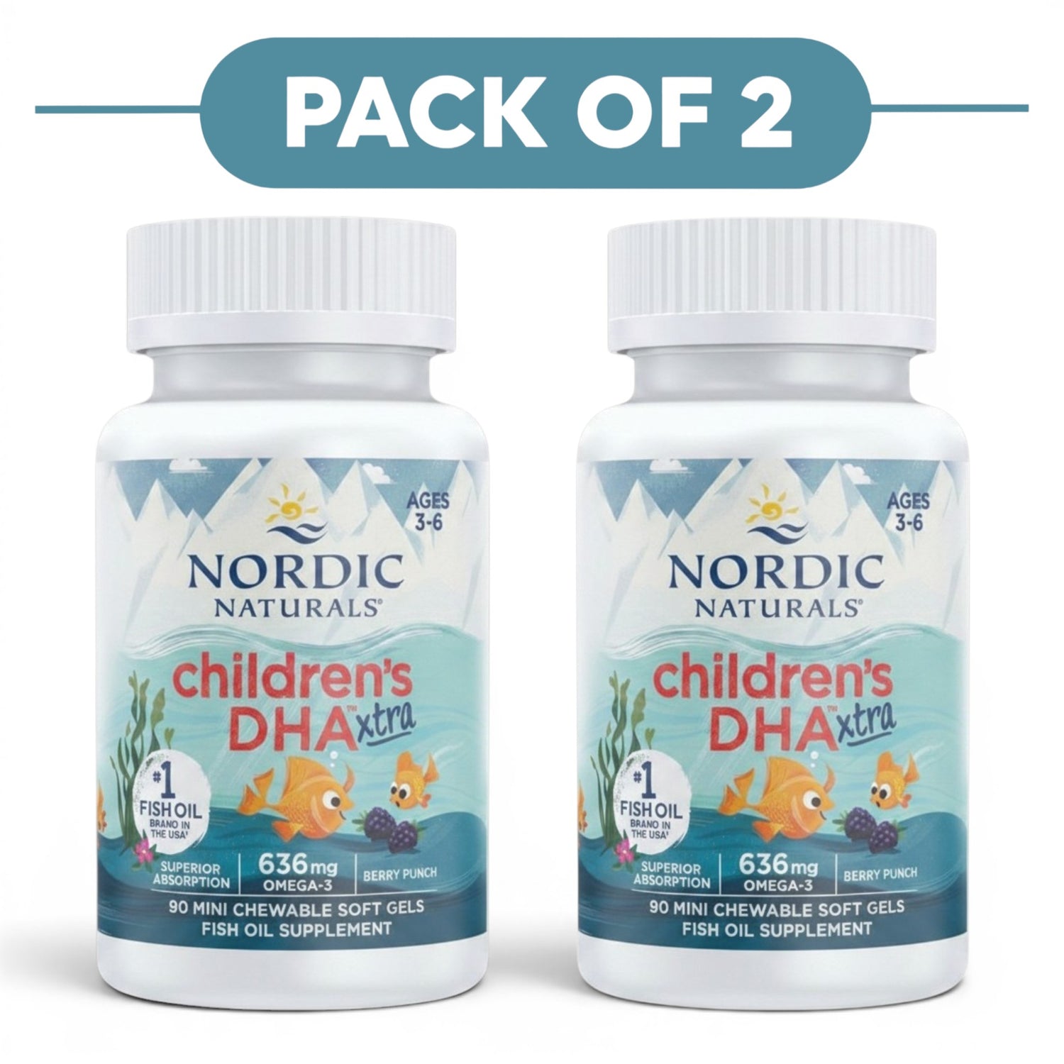 Nordic Naturals Children's DHA Xtra 636mg 90 Mini Chewable Soft Gels Pack of 2