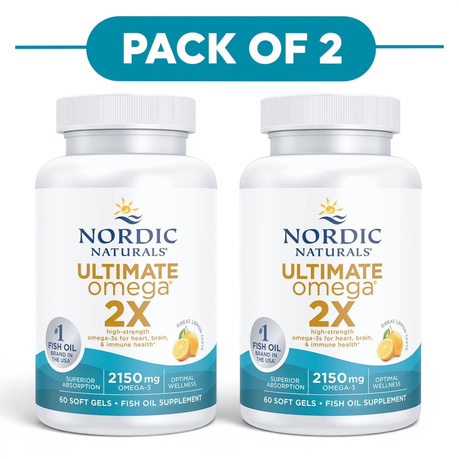 Nordic Naturals Ultimate Omega 2X 2150mg Lemon 60 Soft Gels Pack of 2