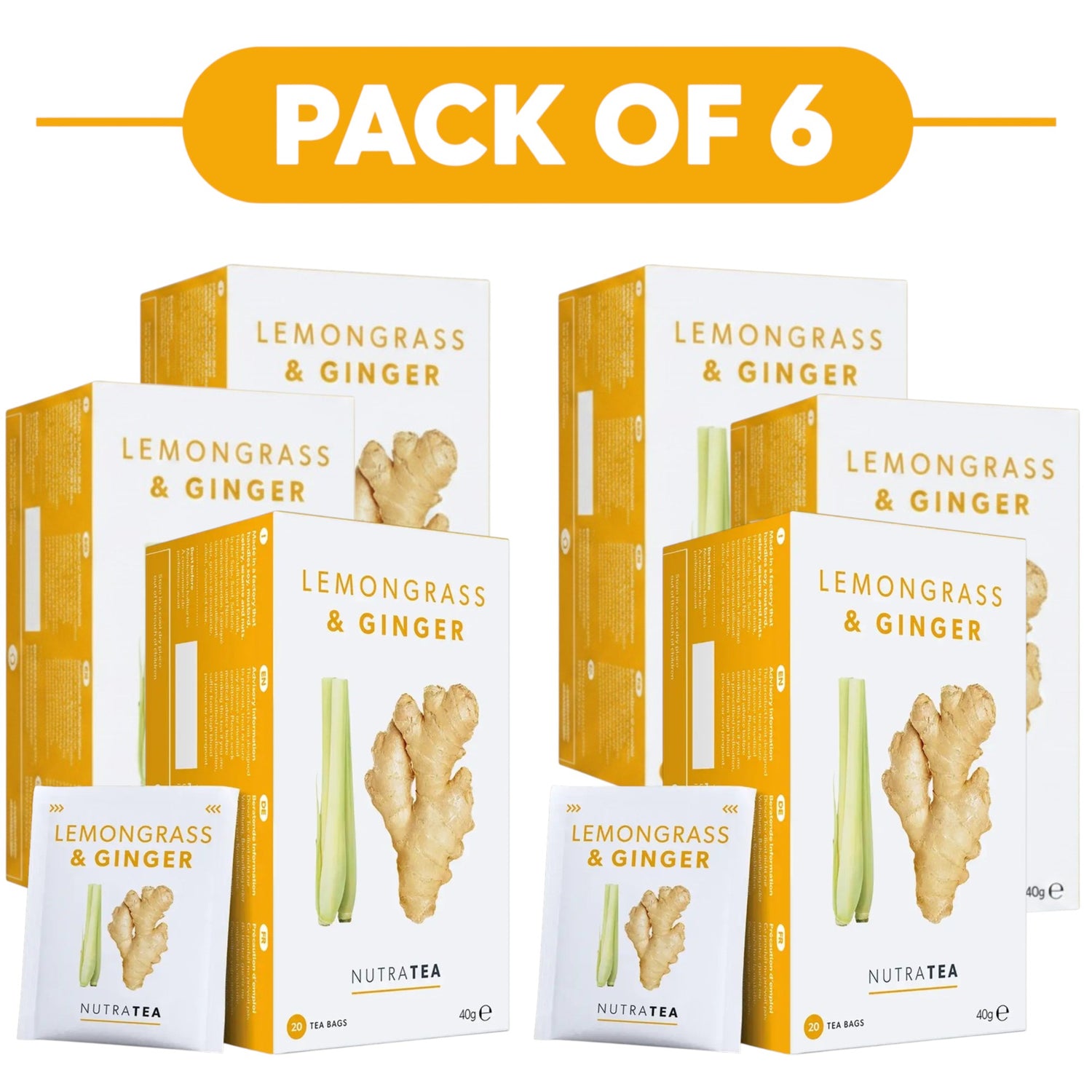 NutraTea Lemongrass & Ginger Herbal Tea 20 Tea Bags Pack of 6