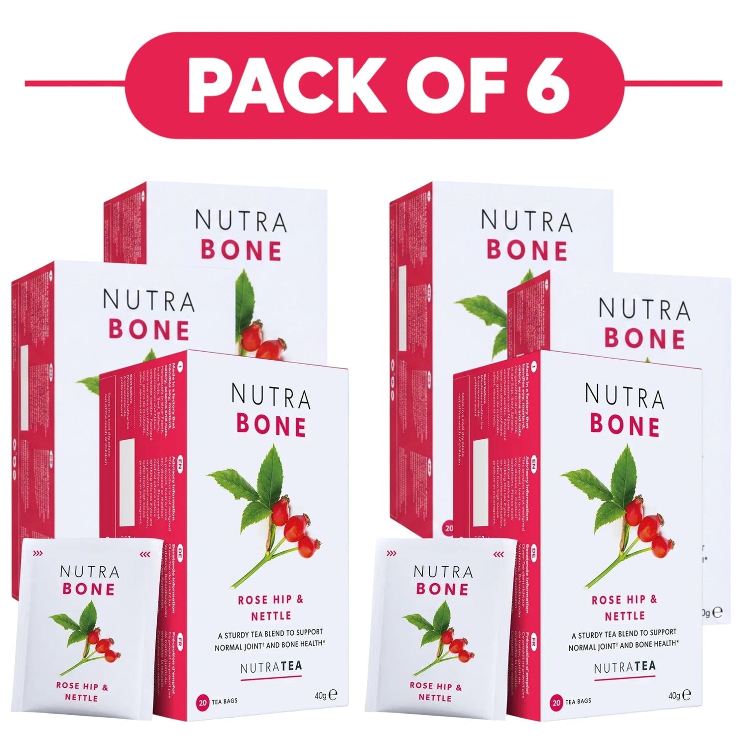 NutraTea NutraBone Rose Hip & Nettle Herbal Tea 20 Tea Bags Pack of 6