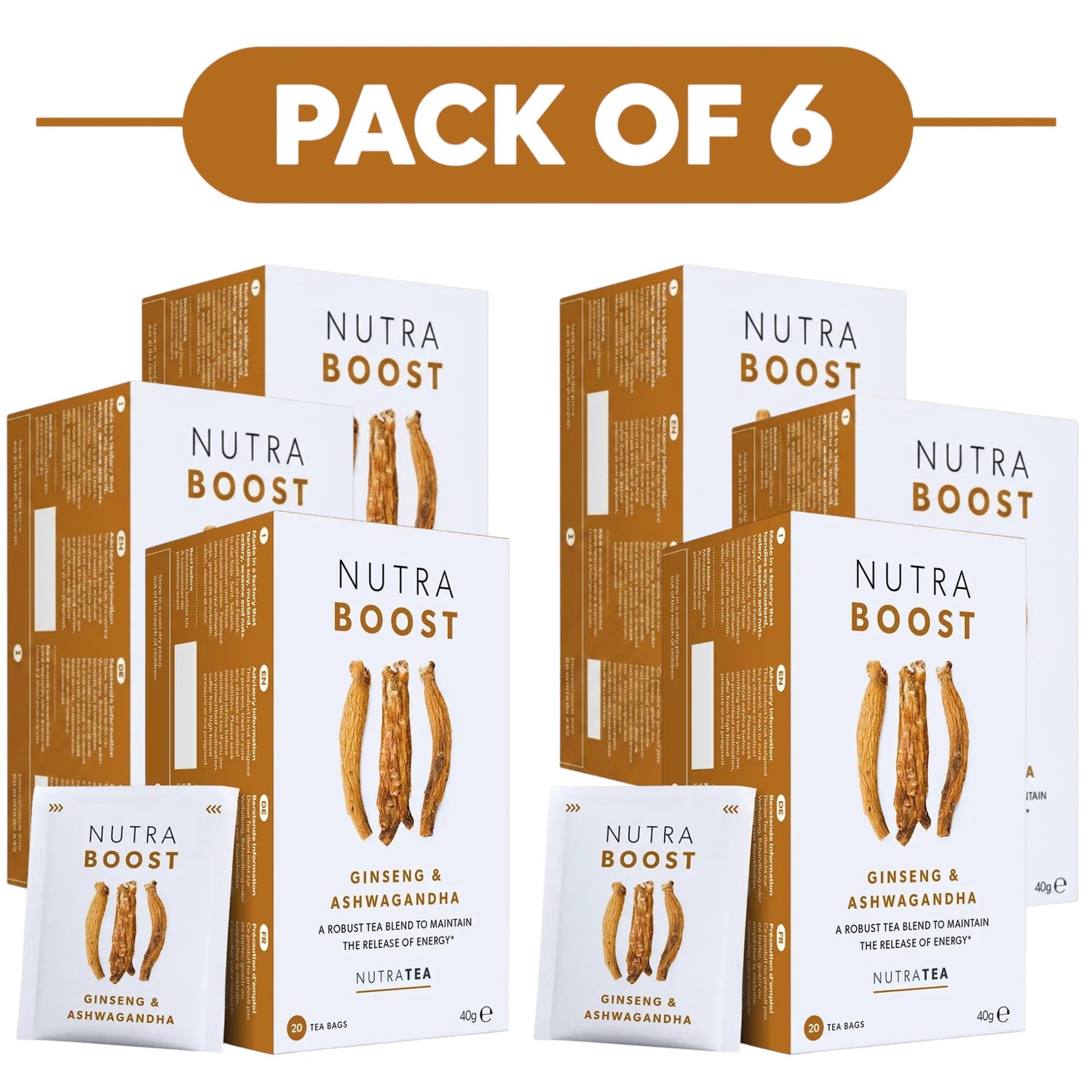 NutraTea NutraBoost Ginseng & Ashwagandha Herbal Tea 20 Tea Bags Pack of 6