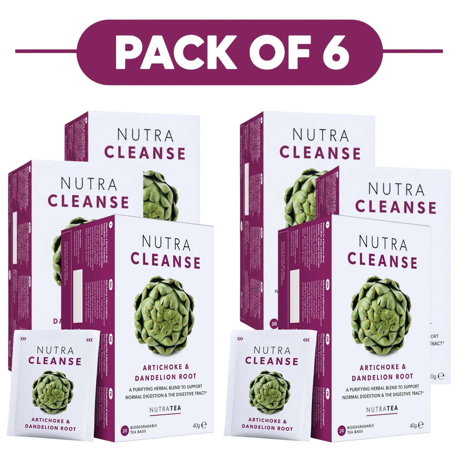 NutraTea NutraCleanse Artichoke & Dandelion Root Herbal Tea 20 Tea Bags Pack of 6