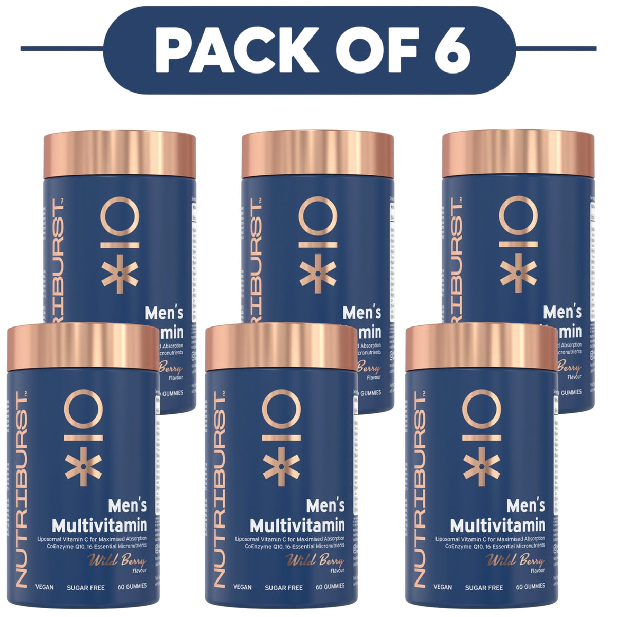 Six blue Nutrburst Men's Multivitamin bottles arranged in two rows beneath a dark blue banner that reads 'PACK OF 6'. The bottles have metallic rose-gold caps and labels with white and gold text.
