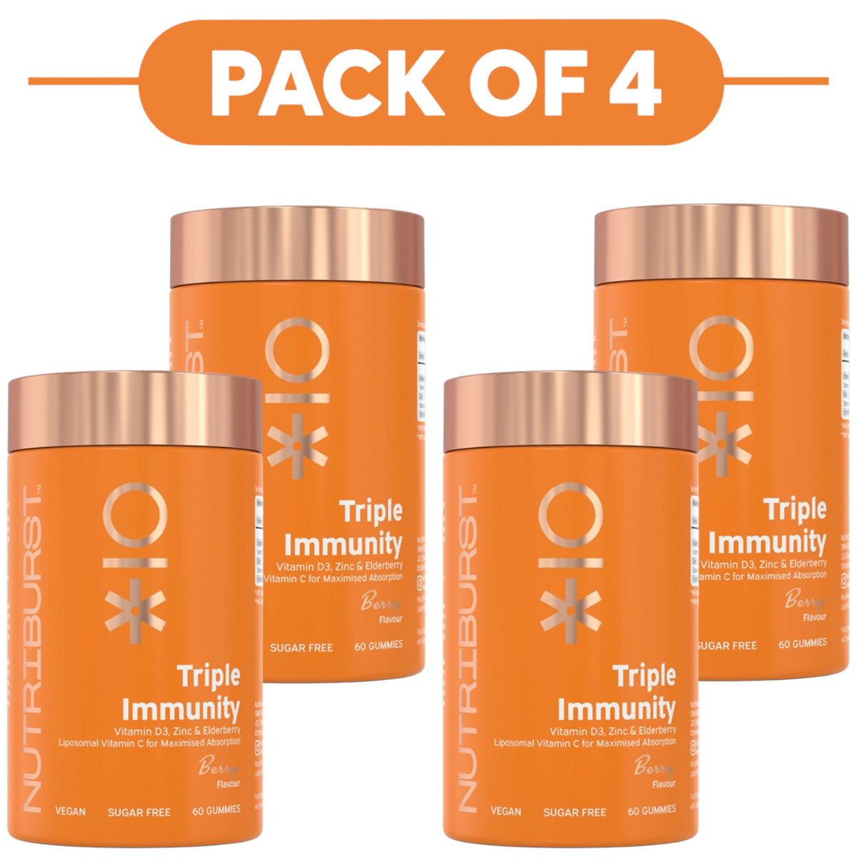 Four orange Nutriburst Triple Immunity gummy bottles arranged in a pack of 4 layout with a large orange 'PACK OF 4' banner at the top on a white background.