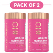 Two pink Nutriburst Women's Multivitamin gummy bottles with metallic rose gold caps, shown side by side under a pink 'PACK OF 2' banner on a white background.